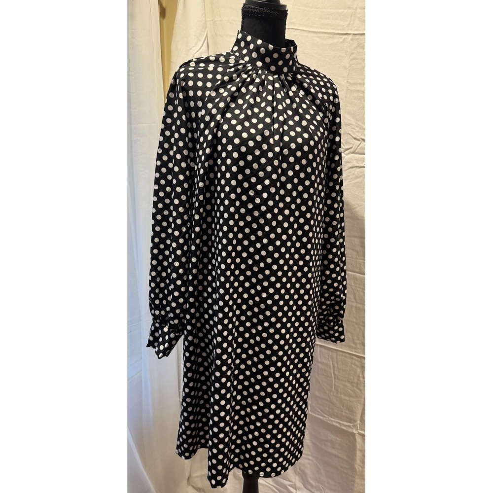 Women's Black White Polka Dot Mock Neck Long Sleeve Shift Knee Dress L/XL - Picture 4 of 6